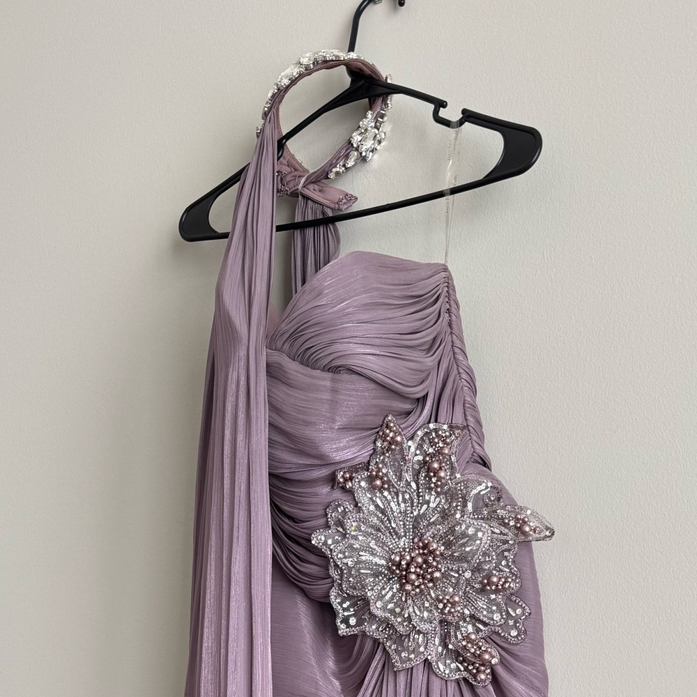 Elegant Lavender Maxi Dress with Floral Embellishment